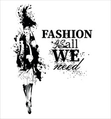 Beautiful young girl in stylish clothes. Fashion woman look. Sale concept. Hand-drawn fashion illustration.
