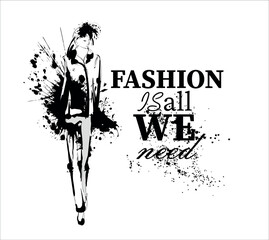 Beautiful young girl in stylish clothes. Fashion woman look. Sale concept. Hand-drawn fashion illustration.