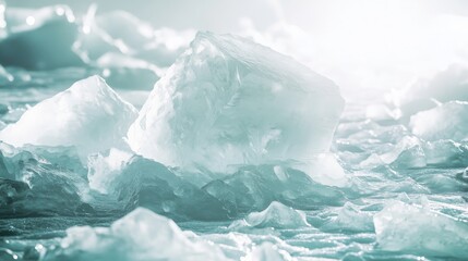 Obraz premium Lots of ice was piled on top of the ice, with one huge ice block in the middle and other small ice blocks around the big ice block. There were lots of small pieces of ice scattered around the big ones
