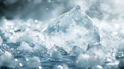 Obraz premium Lots of ice was piled on top of the ice, with one huge ice block in the middle and other small ice blocks around the big ice block. There were lots of small pieces of ice scattered around the big ones