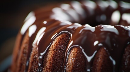 Macro shot of a chocolate buttermilk cake, rich dark brown color, moist crumb texture, glossy chocolate glaze dripping, warm lighting, hyper-detailed, ultra-realistic, 8K resolution 