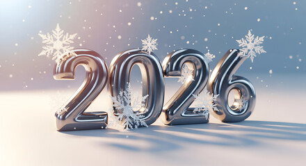 Silver 2026 Numbers with Snowflakes and Snow on Winter Background