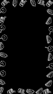 Doodle food vertical illustrations frame with a variety of cartoon food doodles around a space. Ideal for creative foodrelated designs.