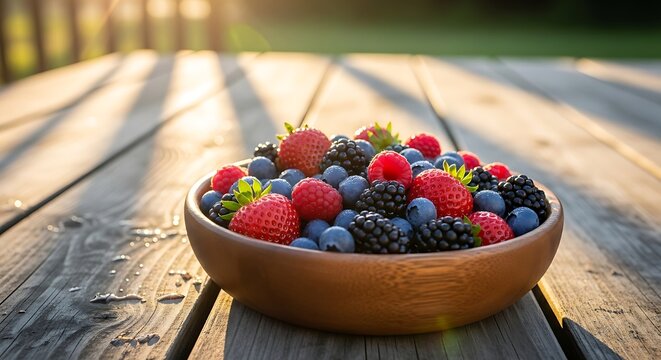 Wooden bowl filled with fresh and ripe mixed berries