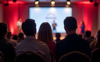 Rear view of Audience listening Speakers on the stage in the conference hall or seminar meeting, business and education about investment concept. High quality