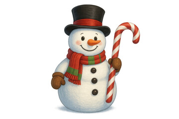 Snowman holding candy cane, wearing top hat, scarf and mittens, celebrating christmas holiday and winter season