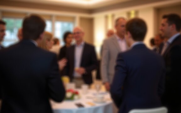 Blurred image of business professionals networking at a corporate banquet event, focus on business and entrepreneurship, ideal for business meetings, conferences, networking events, and professional g