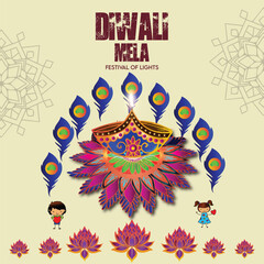 Happy diwali design with diya oil lamp hindu festival celebration elements on colorful rangoli