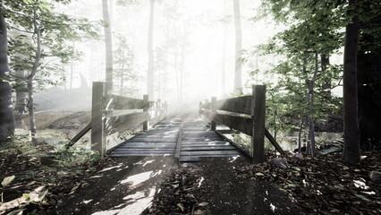 Naklejka premium Soft light filters through the trees as mist lingers in the air, revealing a charming wooden bridge. Natures tranquility invites exploration of this beautiful forest path.
