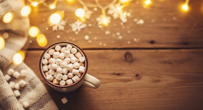 Hot chocolate with marshmallows in cozy setting with fairy lights  