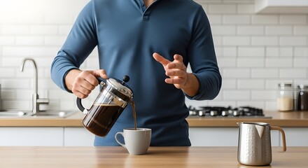 man pouring fresh coffee from french press in kitchen