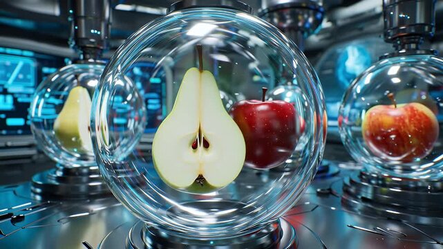 A row of glass spheres containing pear slices and fruit in a futuristic laboratory setting