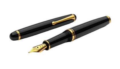 Naklejka premium Two black fountain pens with gold accents, one capped and one uncapped, on a transparent background