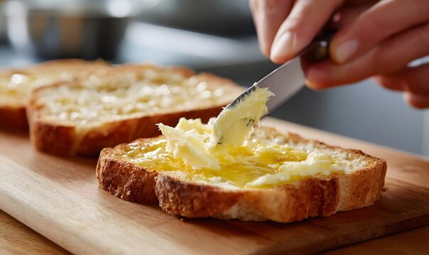 spreading butter on a toast with a knife - Powered by Adobe