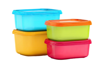 Stack of colorful, plastic, square food containers