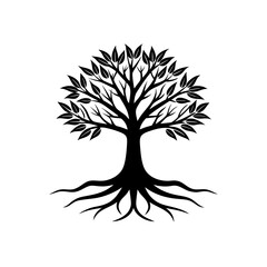 Silhouette of a tree with leaves and on transparent background