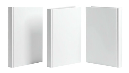 Three blank, white, hardback books with slightly differing angles on a dark background, ready for content or artwork