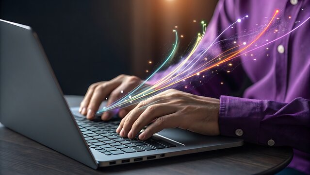 A person is working on a laptop with colorful light trails emanating from the screen, suggesting creativity, innovation, and digital connectivity
