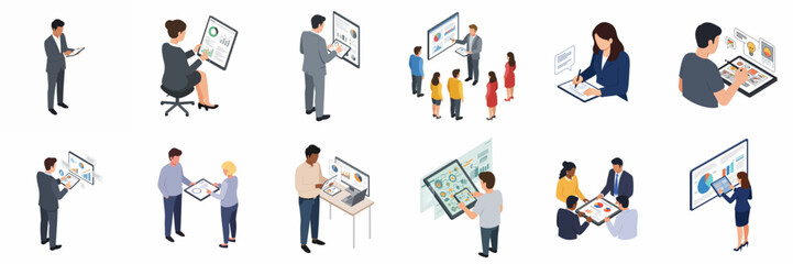 Isometric Style Various Business People Meeting, Presentation and Discussion Illustration