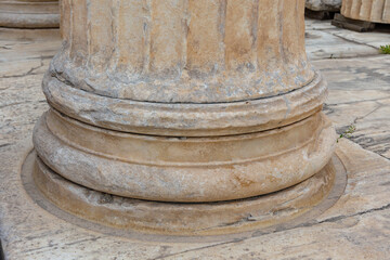 Close up of the ancient marble column base at the Acropolis in Athens, Greece. Detail of Greek architecture and archeological heritage