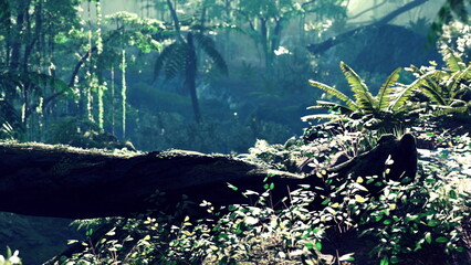 Sunlight pours into a dense jungle, illuminating the vibrant green plants and ferns. A fallen log rests among the lush undergrowth, creating a serene atmosphere teeming with life.
