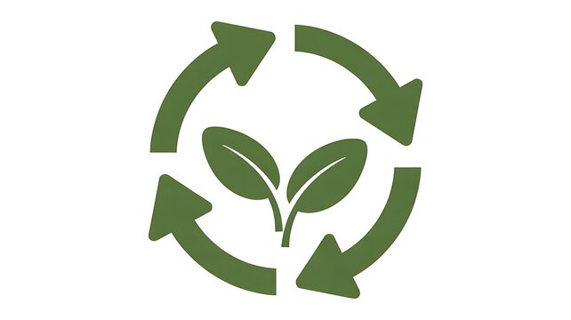 Minimalist Green Sustainability Icon with Leaves and Circular Recycling Arrow