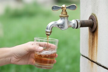 hand collect dirty water from old tap. Water contamination