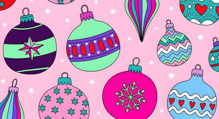 Colorful christmas ornament pattern on pink background illustration
