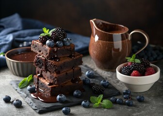 Stack of decadent chocolate brownies topped with fresh berries and mint leaves