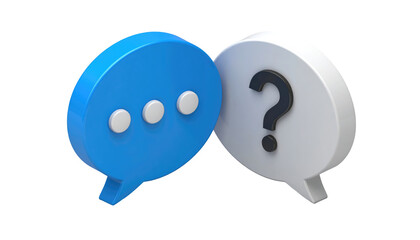 Two 3D speech bubbles blue with dots, white with question mark, floating over black