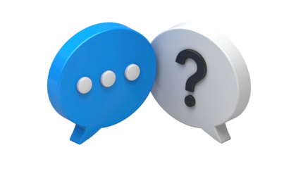 Two 3D speech bubbles blue with dots, white with question mark, floating over black