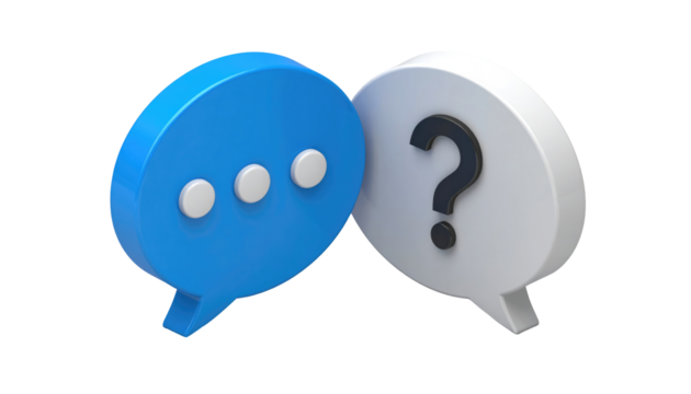 Two 3D speech bubbles blue with dots, white with question mark, floating over black