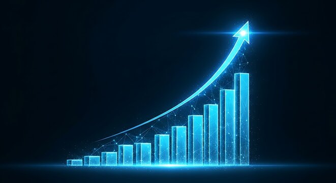 A vibrant blue graph with a glowing arrow ascending, signifying positive financial trends, business expansion, and economic development in a digital format