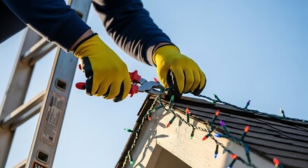 Close-up of gloved hands on a shingled roof, using pliers to install a string of colorful Christmas holiday lights