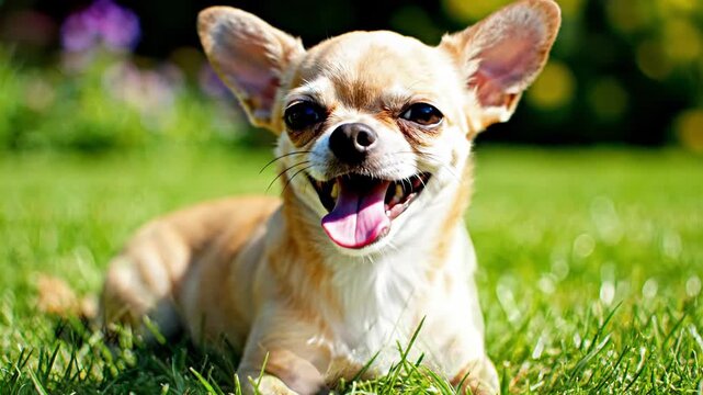 Chihuahua dog portrait lying on green grass with abstract artistic effects