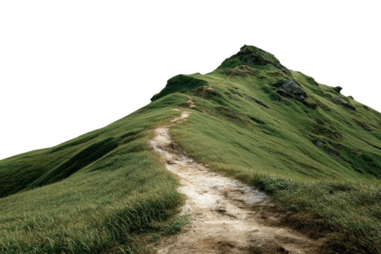 Mountain path winding to peak; grass-covered slope