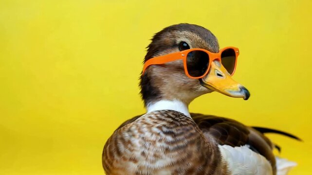 Duck portrait with orange sunglasses against a bright yellow background showcasing animal fashion and quirky style for humorous designs and playful themes with a touch of summer vibes