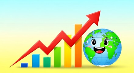 A cartoon globe smiles next to a chart and a red arrow pointing upwards, indicating global economic growth