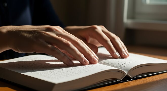 Hands reading braille on open book near window, focusing on tactile learning and accessibility in bright sunlight.