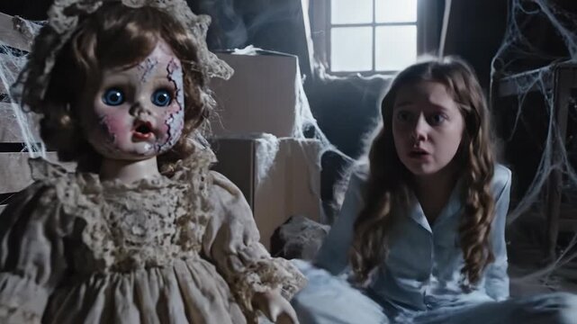 Child and antique doll in atmospheric setting dramatic lighting