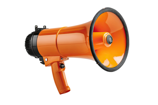 Orange megaphone with black handle, on black