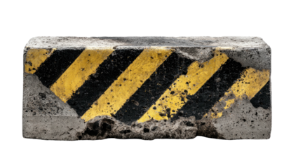Cracked, old barrier black/yellow diagonal stripes