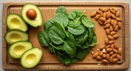 Avocado spinach and almonds arranged on a wooden cutting board view