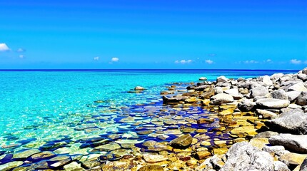 Bright turquoise ocean water laps against a rocky shoreline under a clear blue sky on a sunny day