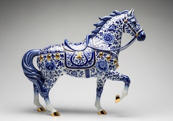 Ornate blue and white porcelain horse statue with decorative saddle