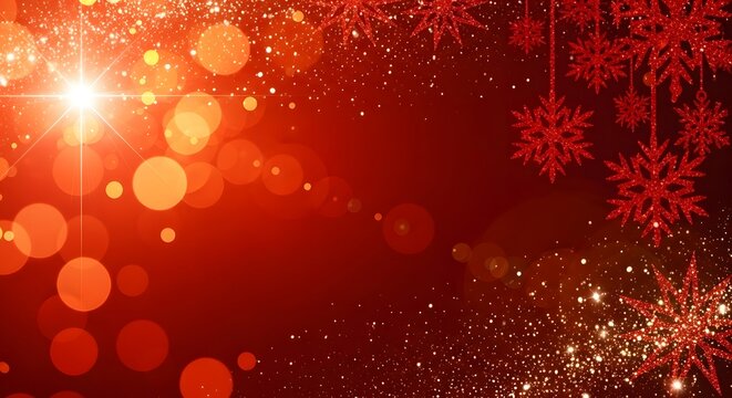 Festive red christmas background with snowflakes and bokeh lights effect