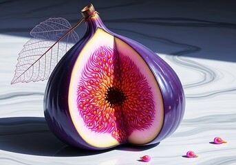 Close up of a ripe purple fig cut in half revealing vibrant pink flesh and seeds