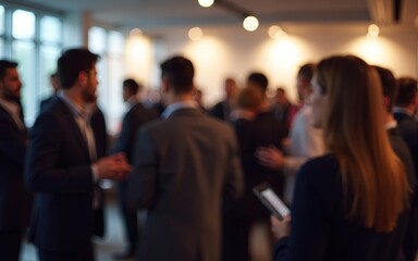 An out-of-focus image of a professional networking event, with attendees engaged in conversation. High quality