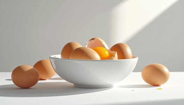 A Bowl of Brown Eggs With One Cracked Open Revealing Yolk With Light Shadows on White Surface - Powered by Adobe