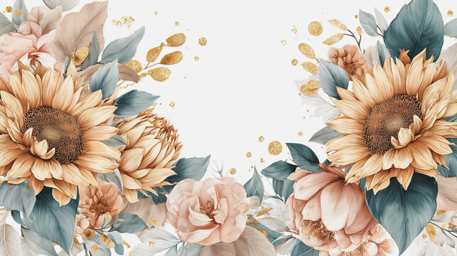 Elegant wedding invitation card white background . Minimal hand painted watercolor Sunflowers texture template background. Design for wedding, vip cover, poster, rsvp modern card.Valentine's Day